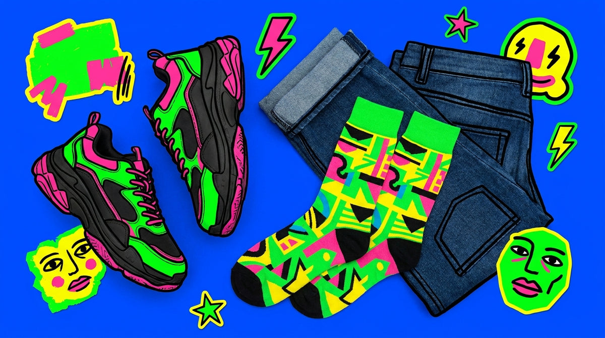 Funky Angry Toast crew socks styled with sneakers and denim