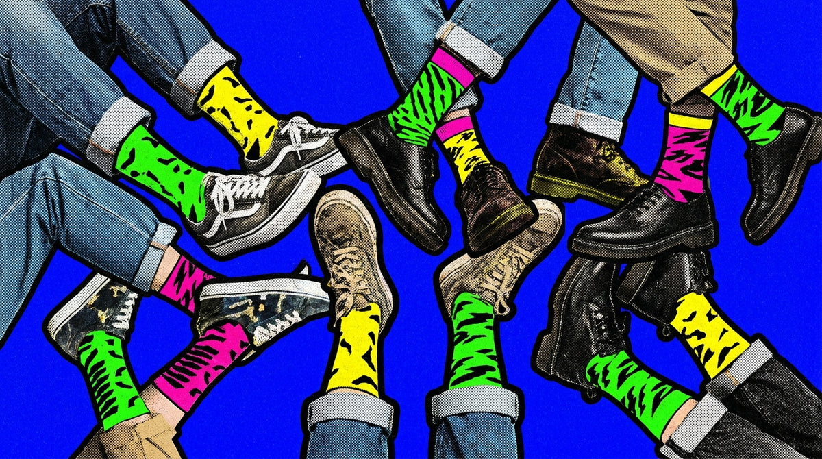 People wearing colourful Angry Toast crew socks, sock culture