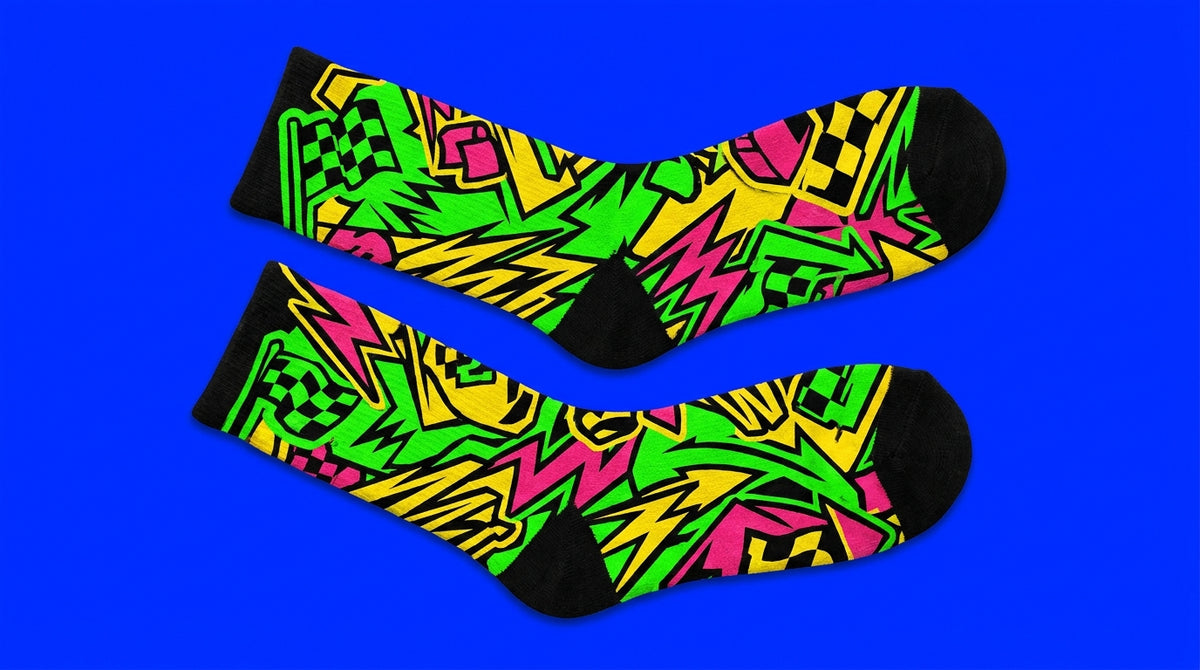 Racing-inspired Angry Toast F1 crew socks flat-lay