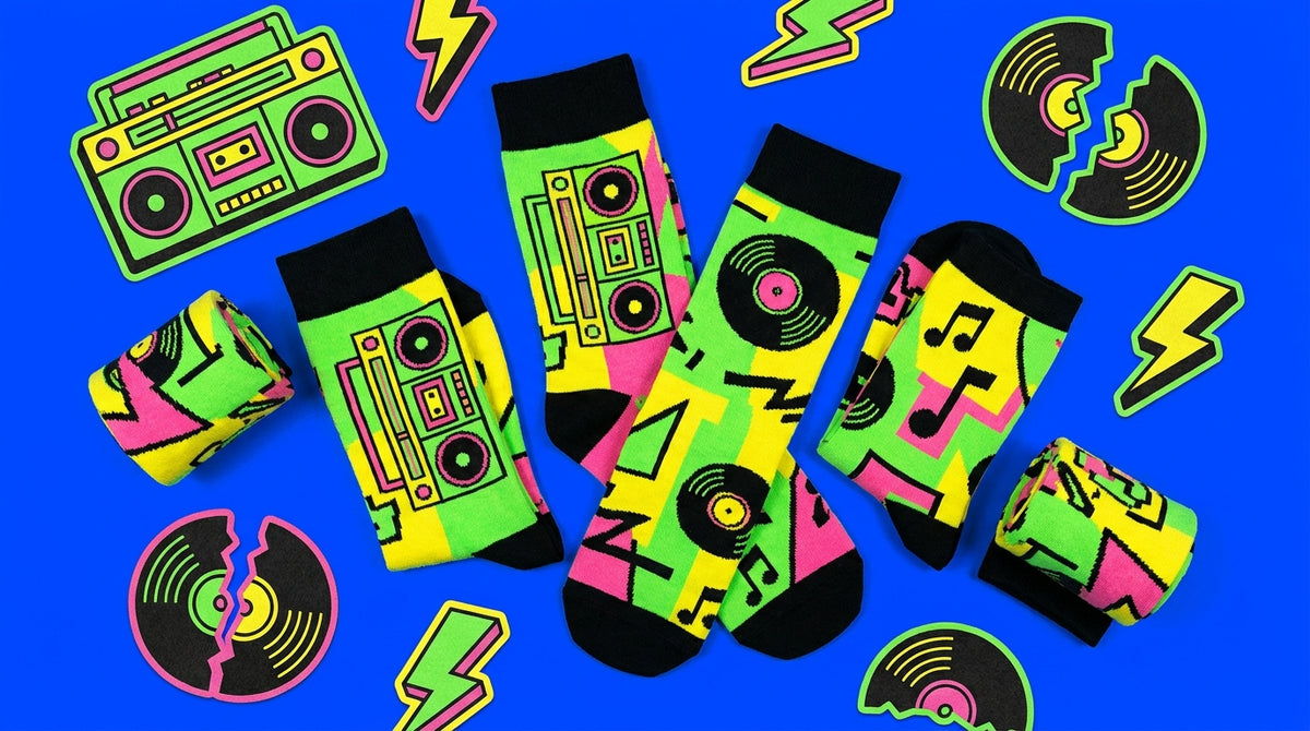 Hip-hop themed Angry Toast crew socks with boombox and vinyl
