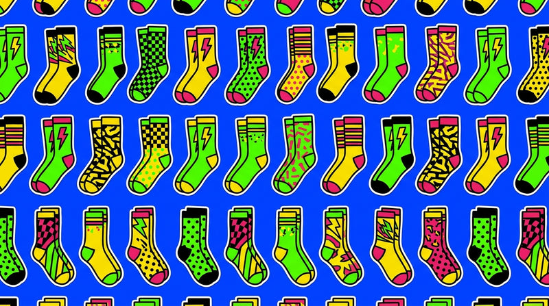 Grid of colourful Angry Toast crew socks to mix and match