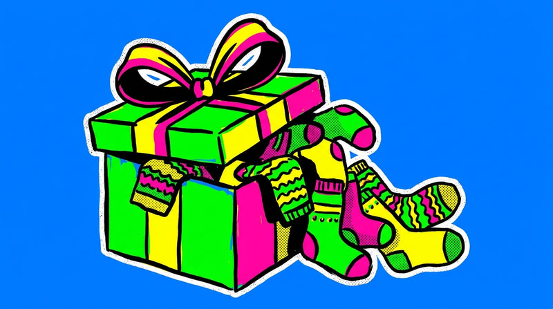 Gift box overflowing with funky Angry Toast socks